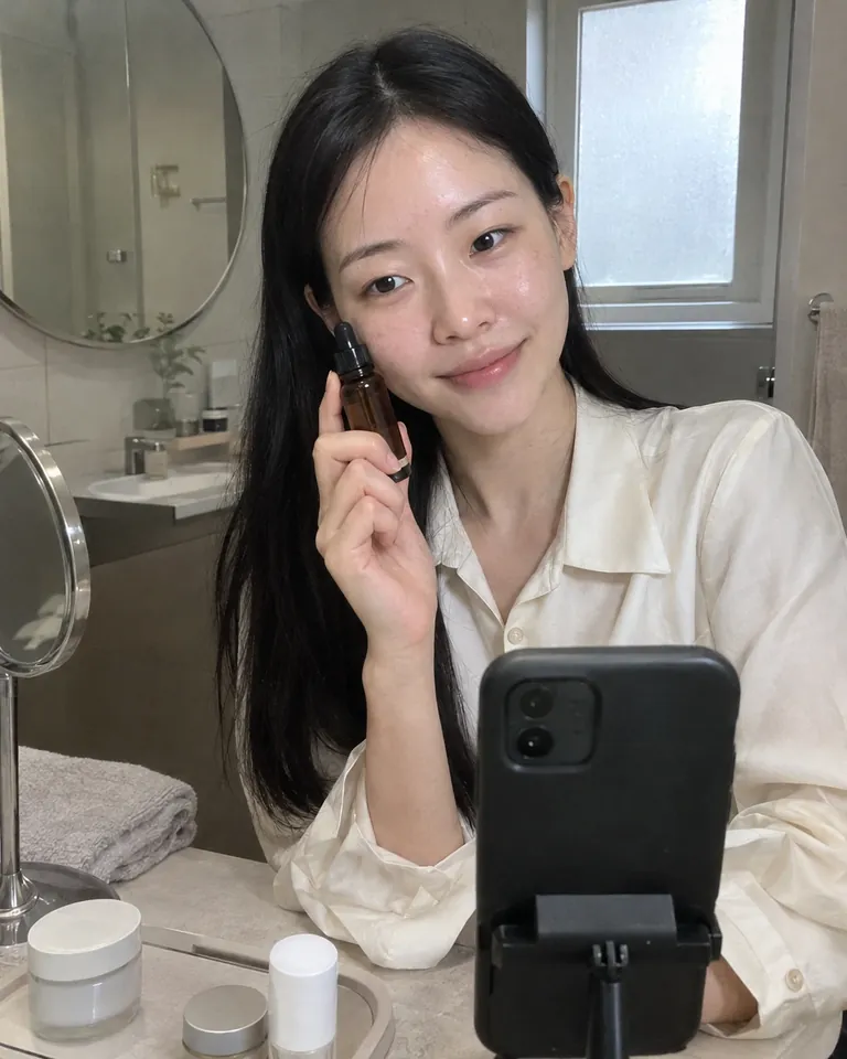 Una creator di skincare che tiene vicino alla guancia una boccetta di siero davanti a una toeletta, con un telefono su un supporto davanti a sé