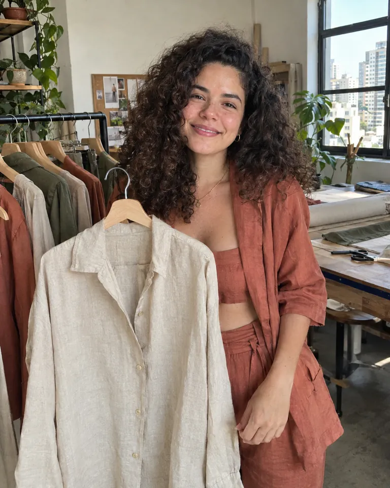 Una fashion creator con un coordinato di lino color terracotta che mostra una camicia di lino accanto a un appendiabiti con i capi del suo brand