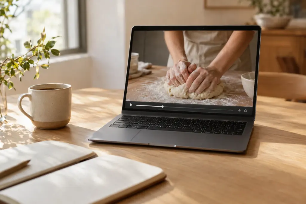 Un laptop su una scrivania di legno che riproduce il video di una lezione con delle mani che impastano