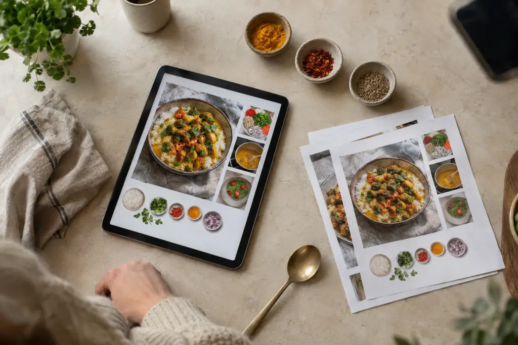 Una guida di ricette su un tablet e pagine stampate accanto a ciotoline di spezie