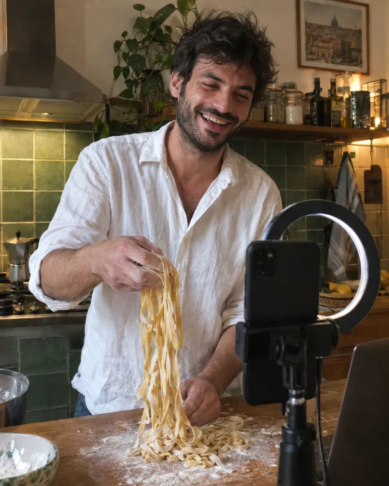 Uno chef che ride mentre solleva delle tagliatelle fresche durante una diretta, con un telefono e una ring light davanti a sé