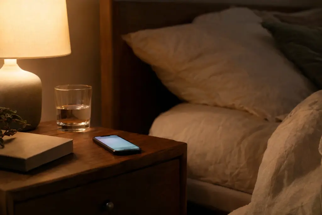 Un telefono che si illumina su un comodino a tarda notte